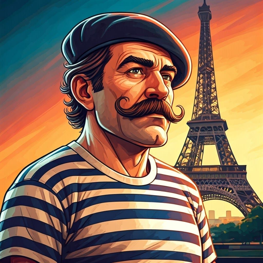 Stereotypical Frenchman in a striped Breton jersey and a beret in front of the Eiffel Tower