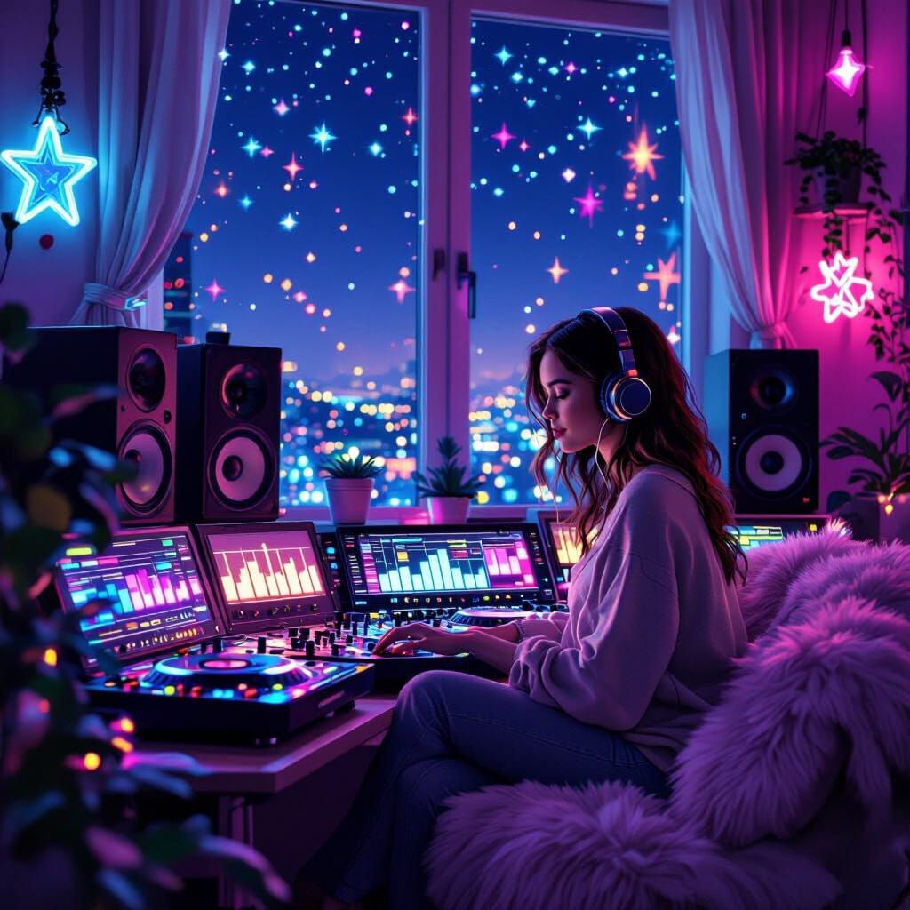 Dreamy Music Studio at Night in Vertical Format