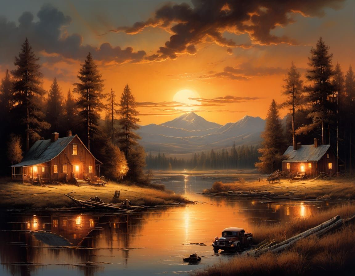 Idyllic Wilderness Scene with Campfire in Terry Redlin Style
