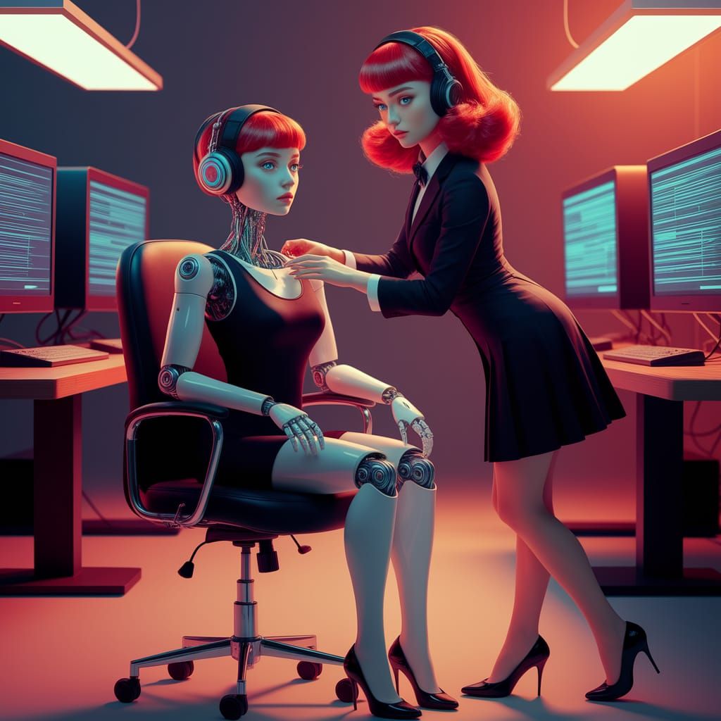 Red-Haired Technician Works On Robot Twin in Cyberpunk Style