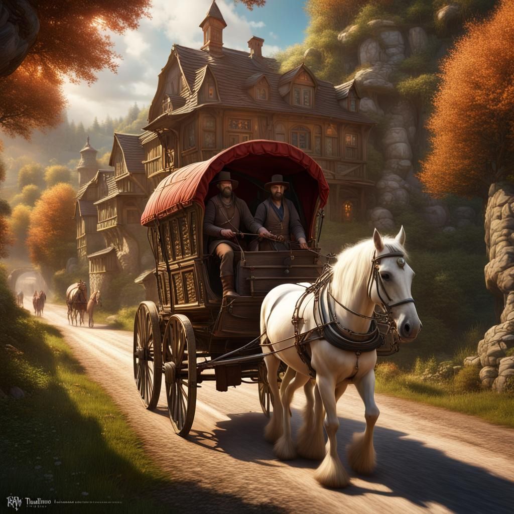 Fantasy Peddler Leads Caravan on Country Road