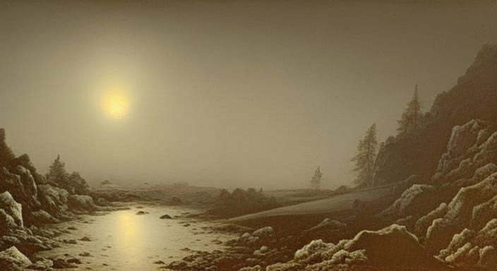 Eerie Landscape with Twin Moons in Engraving Style