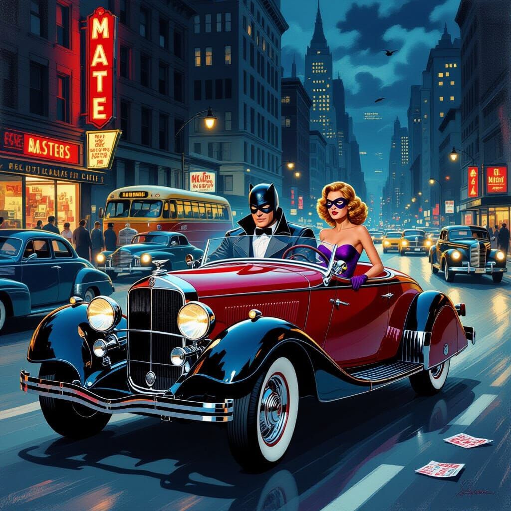 Pulp Hero and Sidekick Drive Vintage Sports Car