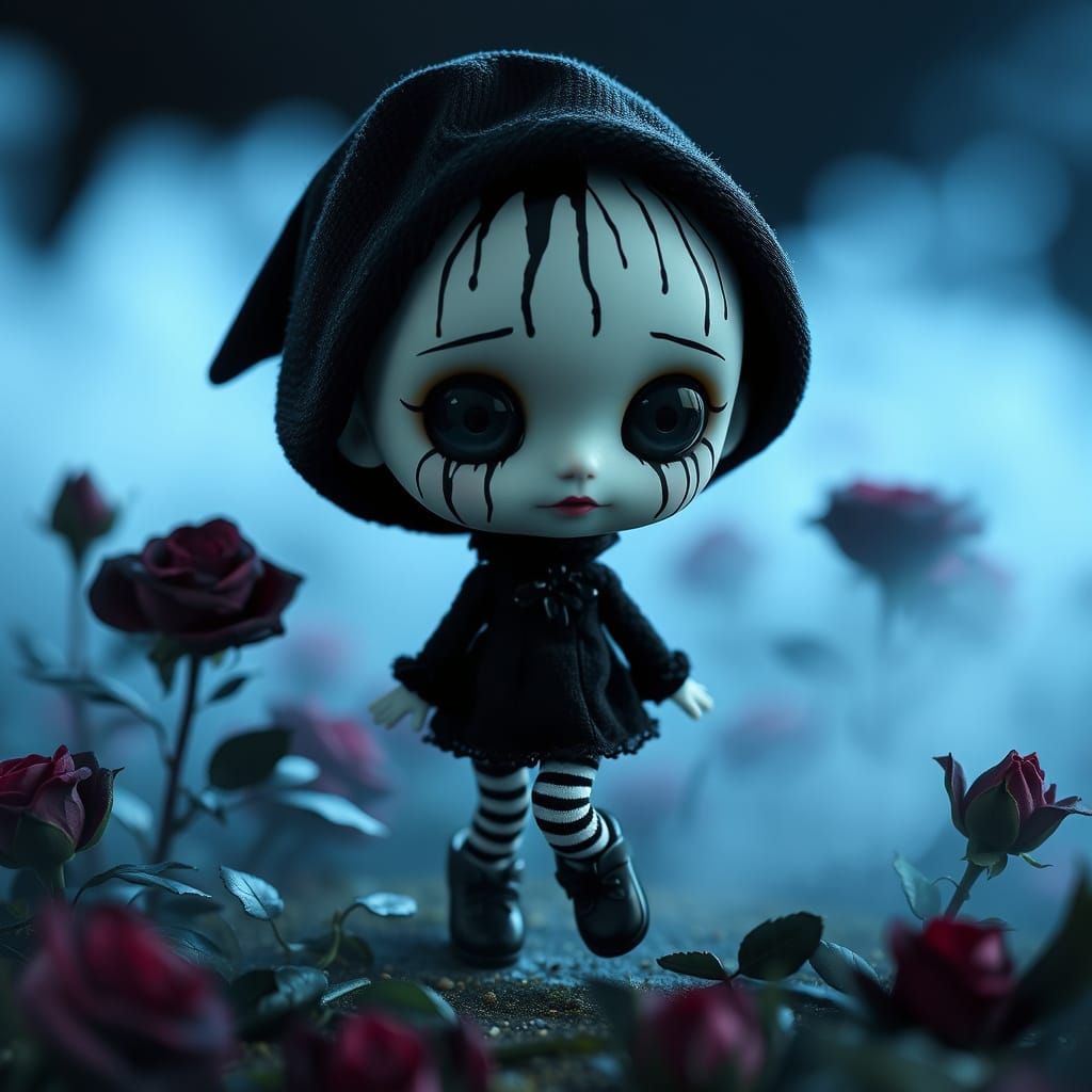 Chibi Mime Doll Strolls Through Dark Gothic Roses