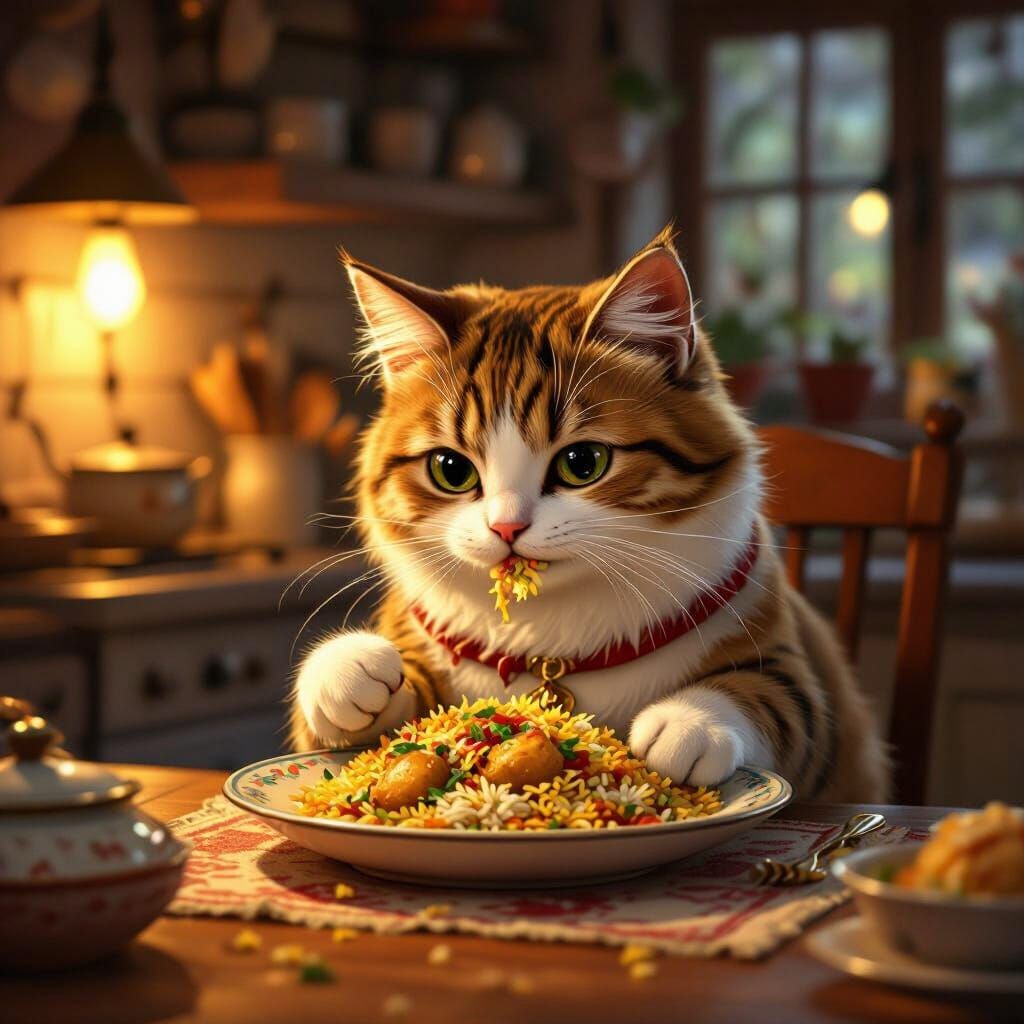 Cat Eating Biriyani in Storybook Style