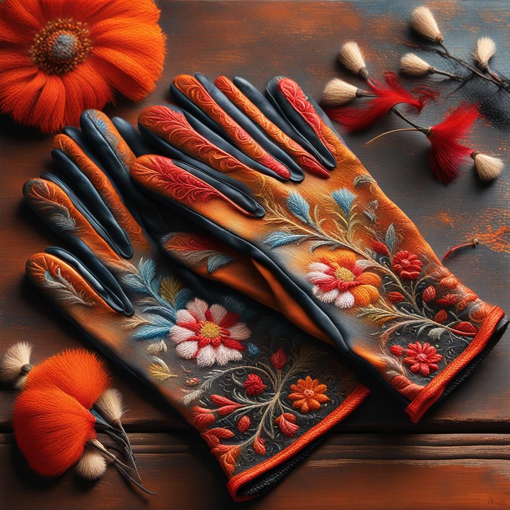 Embroidered Gloves on Wooden Table, Scratchy Oil Painting