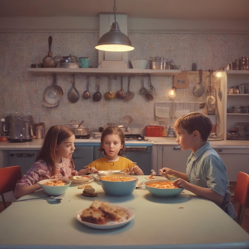 Campbell's Soup Kids in 1980s Kitchen, Digital Art