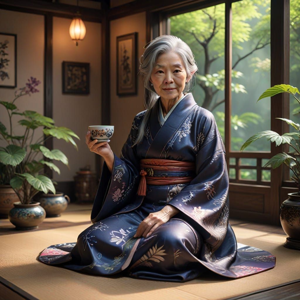 Elegant Japanese Woman in Traditional Kimono Sips Tea in Coz...