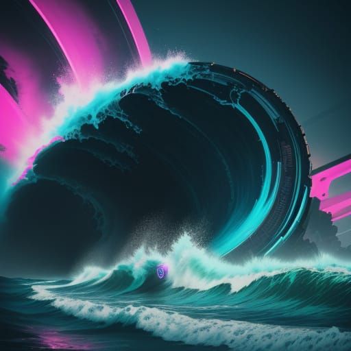 Giant Neon Wave Approaches Dystopian City