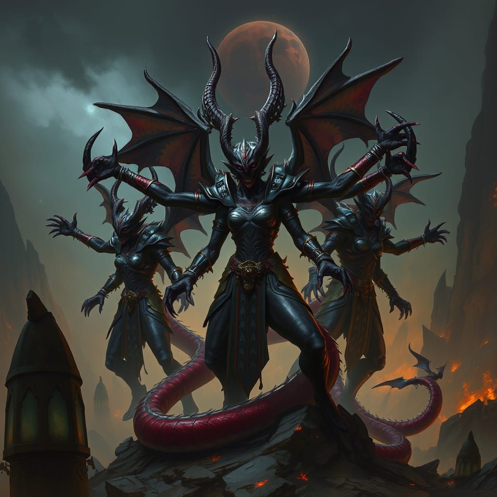 Serpentine Demon Generals in Gothic Fantasy Style