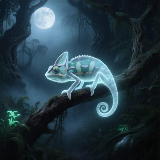 Ethereal Ghostly Chameleon in Spooky Moonlit Jungle