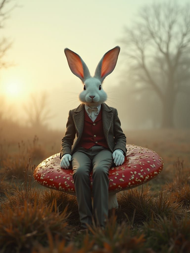 Victorian Rabbit Gentleman Surveys Autumn English Meadow