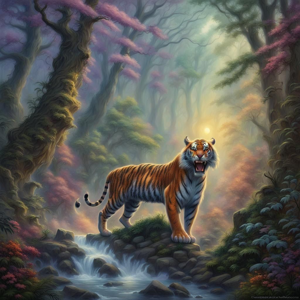 3D Tiger Roaring in Ethereal Dark Fantasy Forest