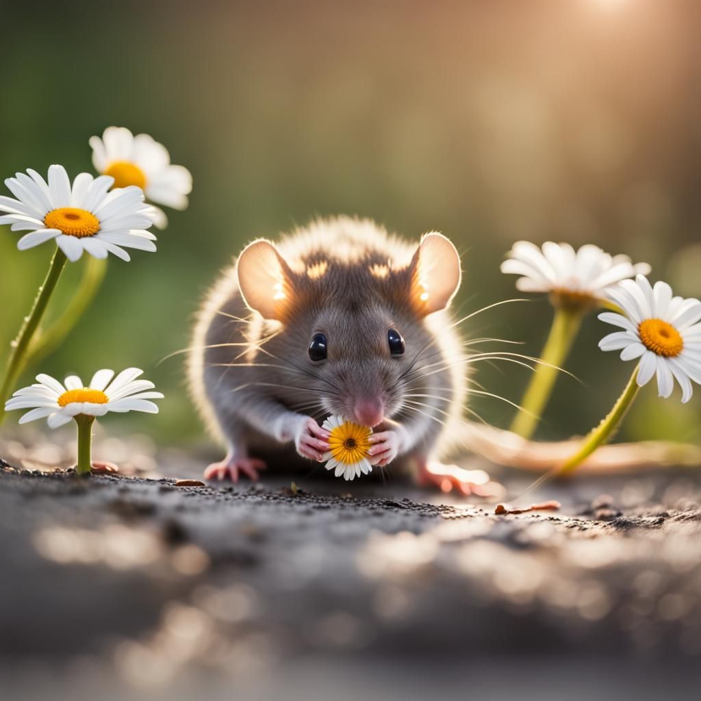 Mouse with Daisy Looking at Camera