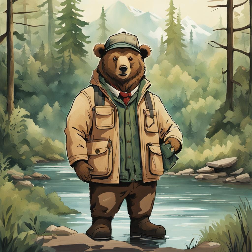 DALL E 3, "Create a whimsical image portrays a stylish adventurer bear with human-like features standing on the river ba...
