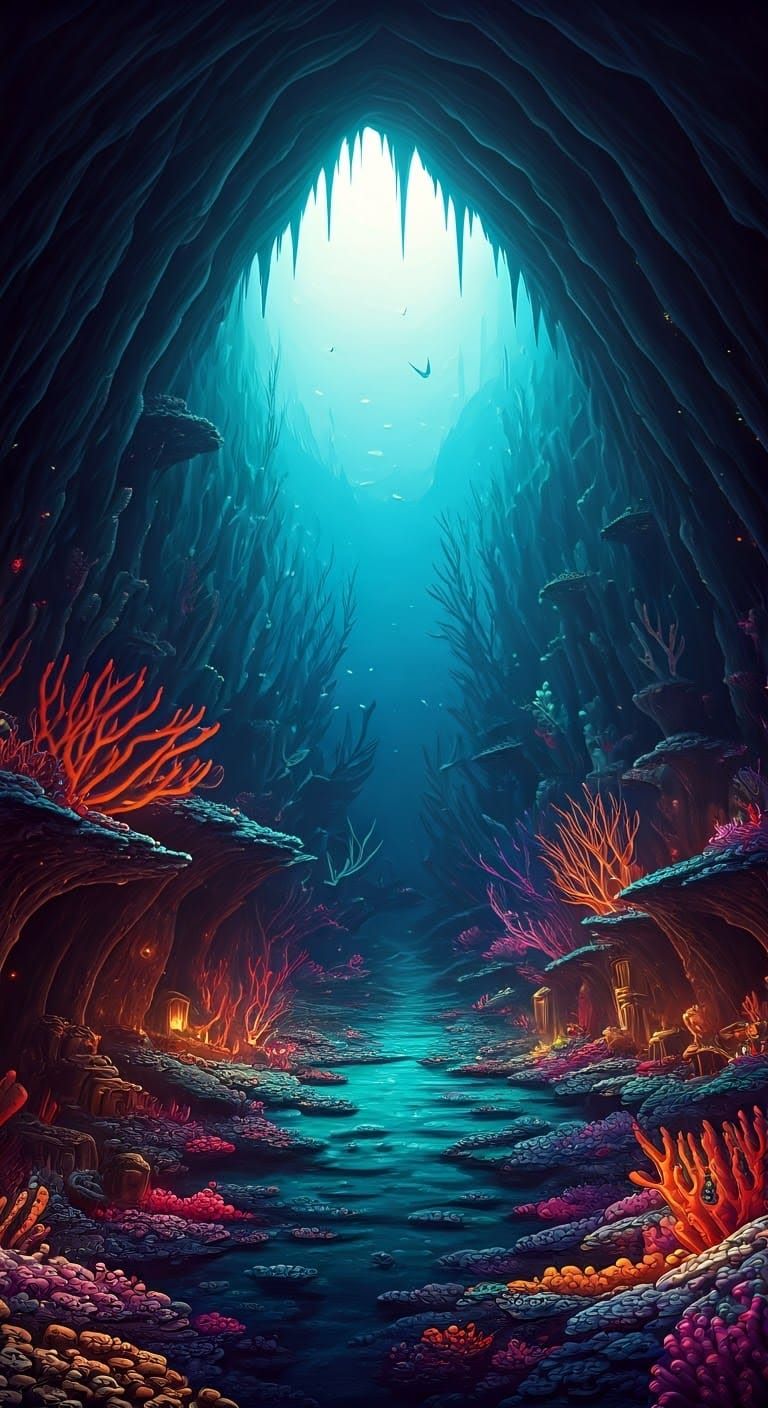 Mysterious Mermaids Swim in an Underwater Cave of Shimmering...