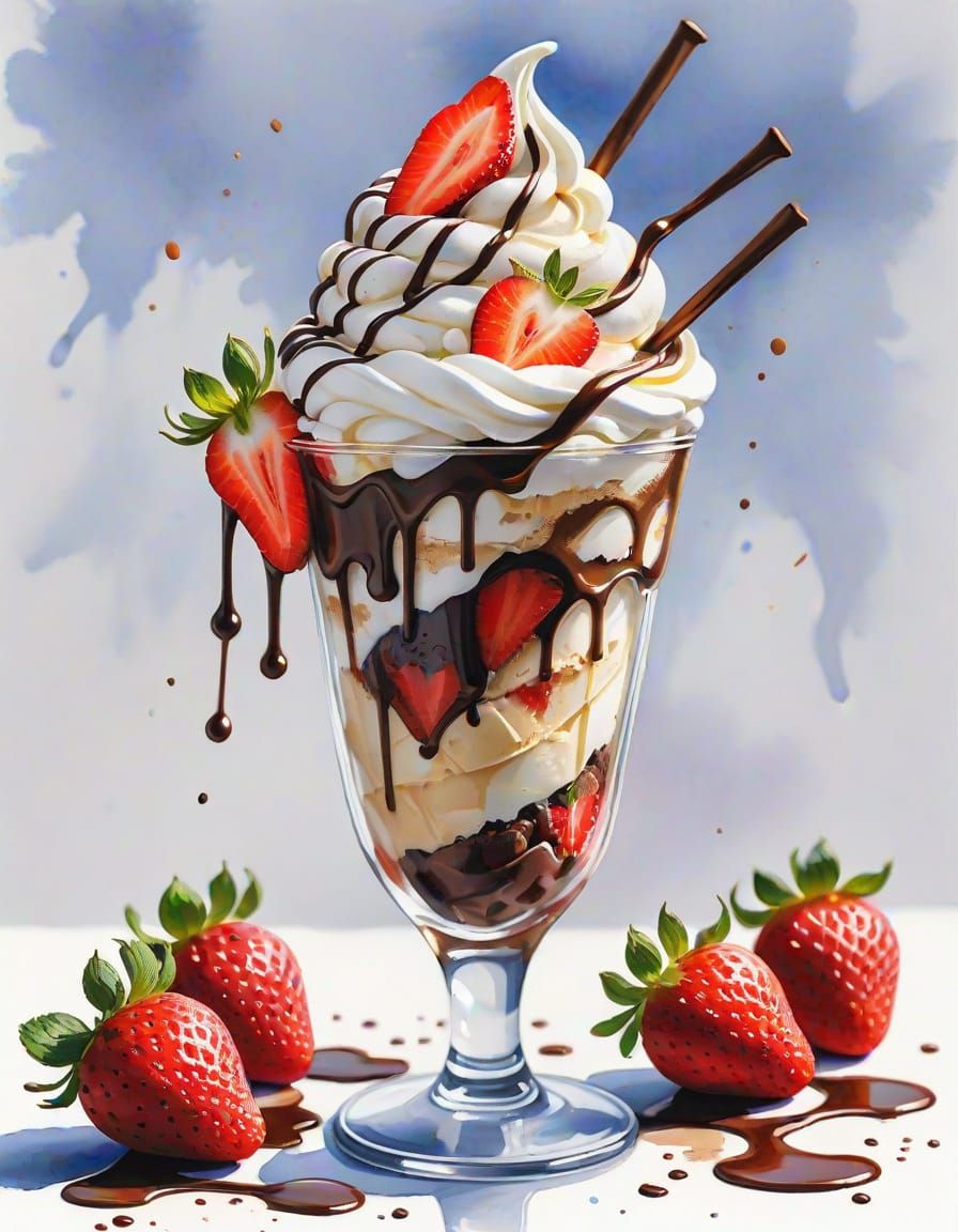 Chocolate Vanilla Ice Cream with Strawberries, Watercolor Ar...
