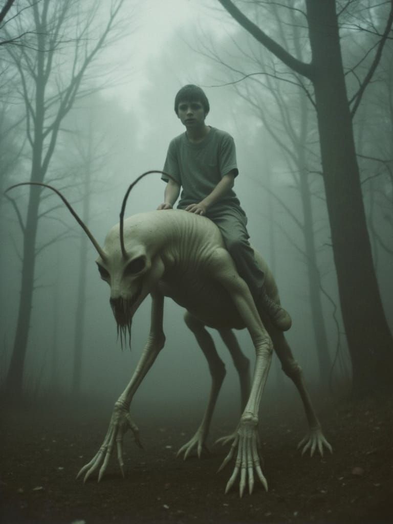 Medieval Boy Rides Boney Insect Horror Through Foggy Forest
