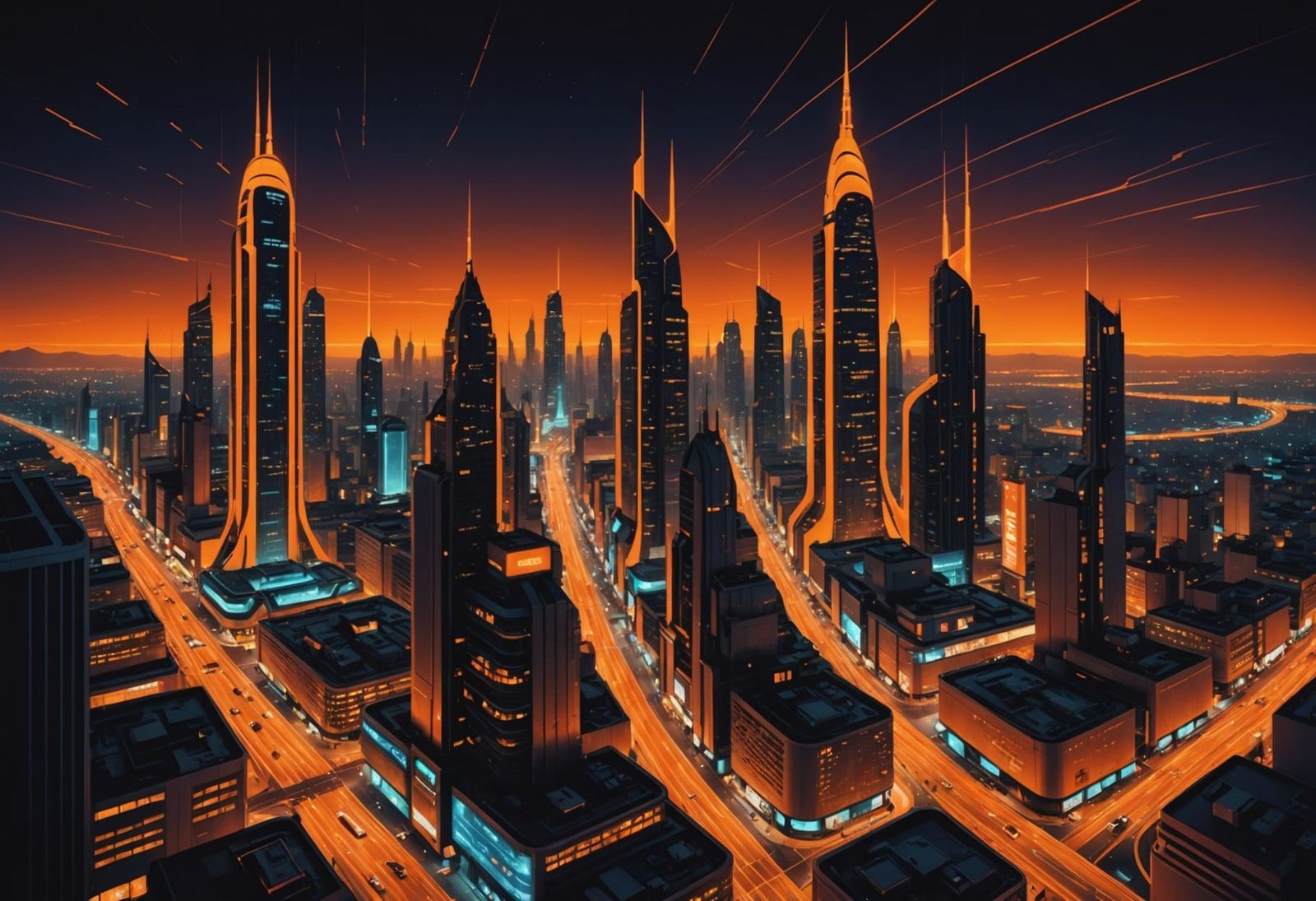 Retro-Futuristic Cityscape at Night in Amber Hues