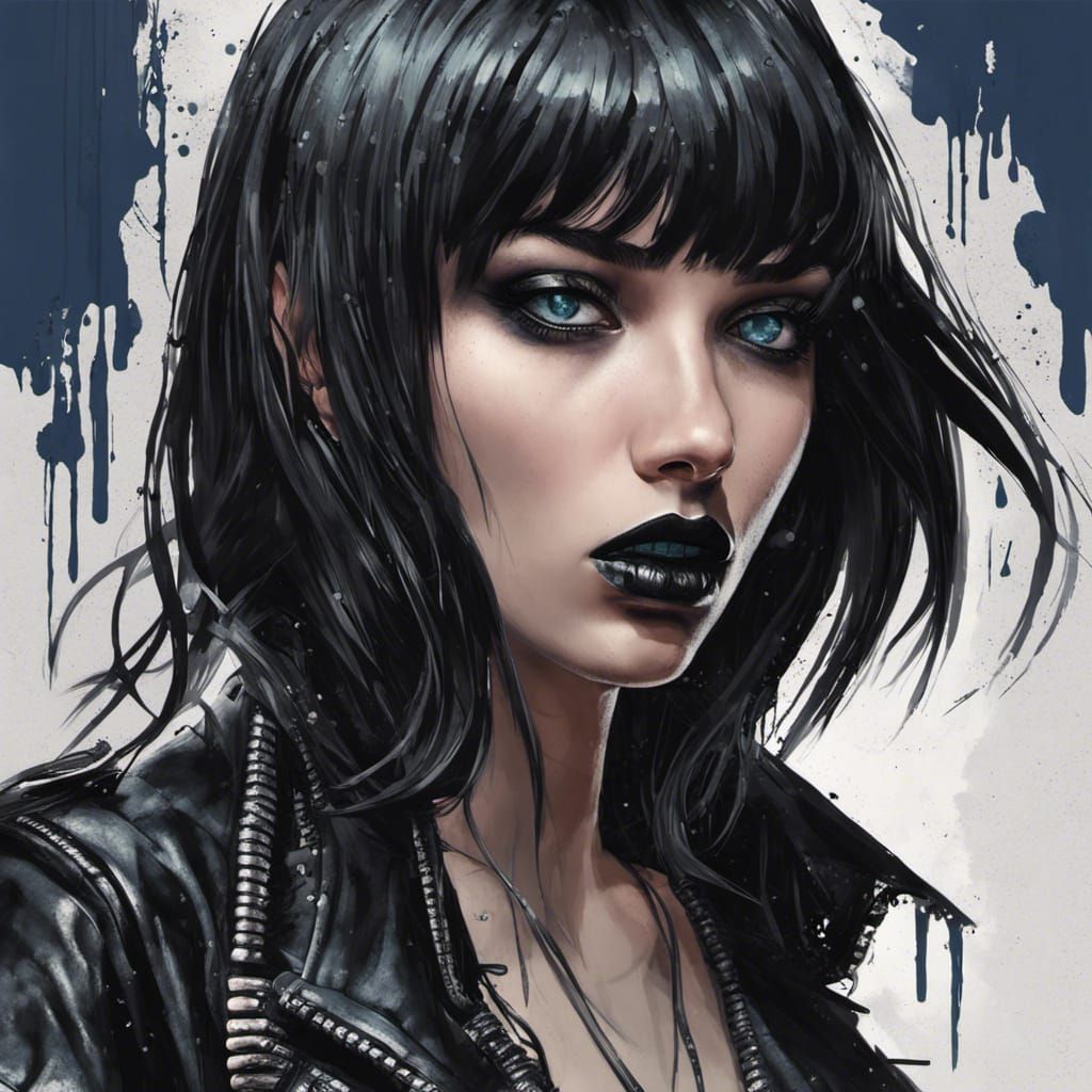 Goth Woman in Leather Jacket, Hyperrealistic Art