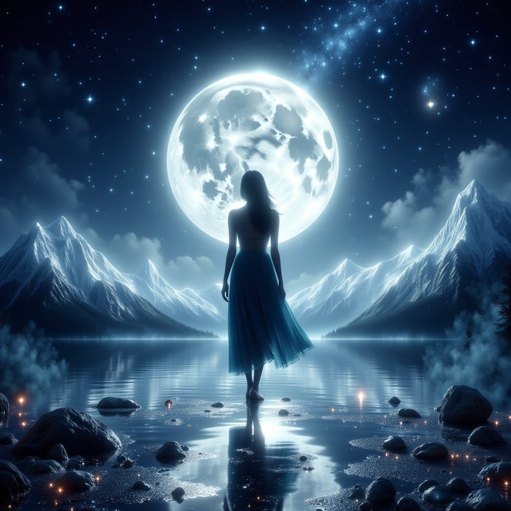 Mystical Woman on Moonlit Mountain in Surreal Style
