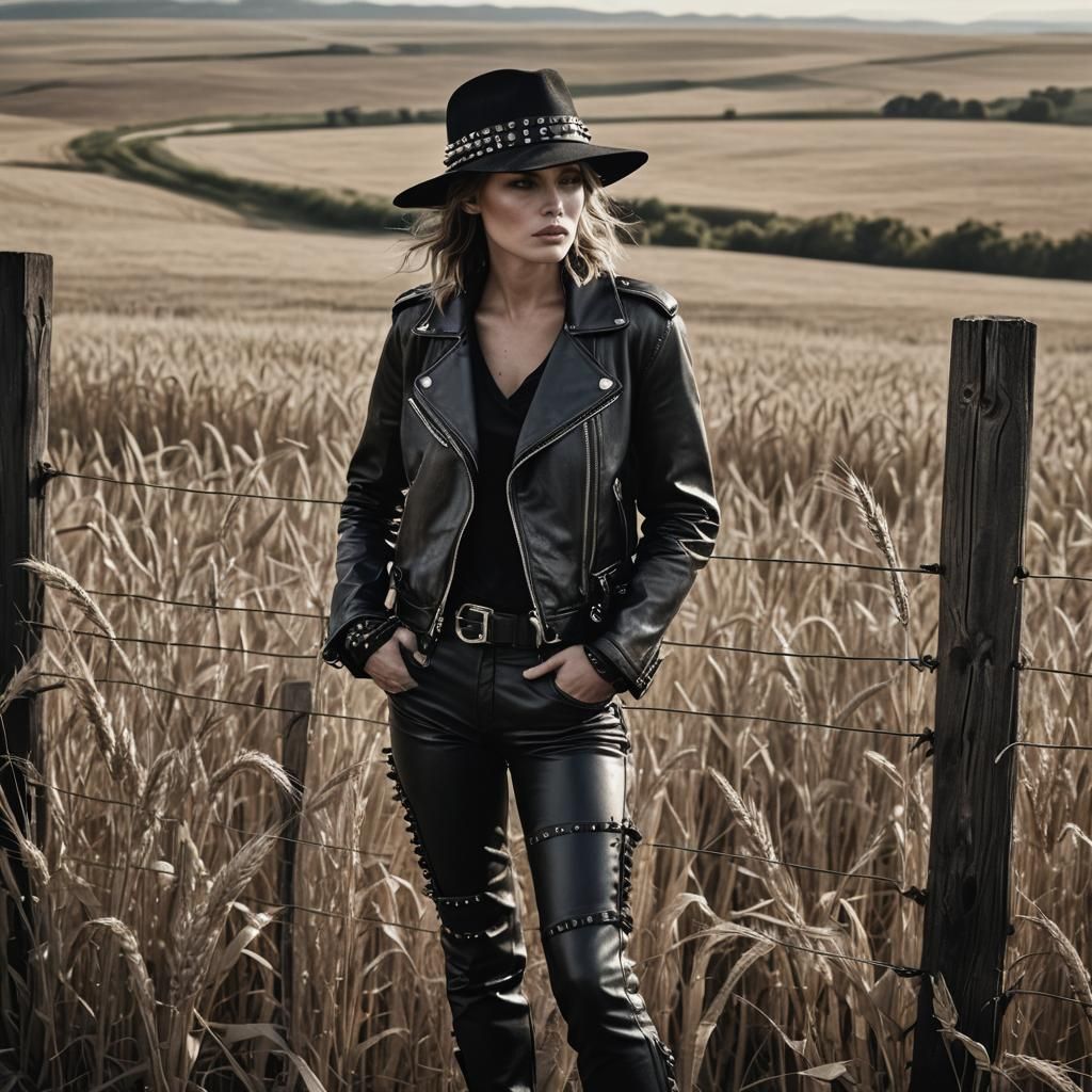 Woman in Leather on Fence in Noir Style