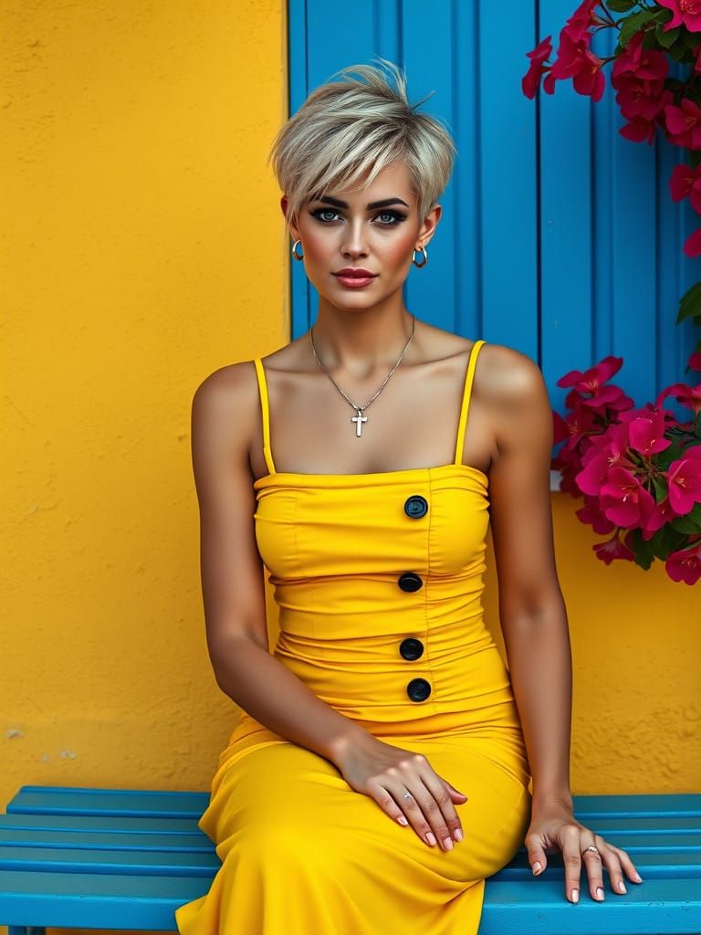 Elegant Woman on Blue Bench in High-Fashion Editorial Style