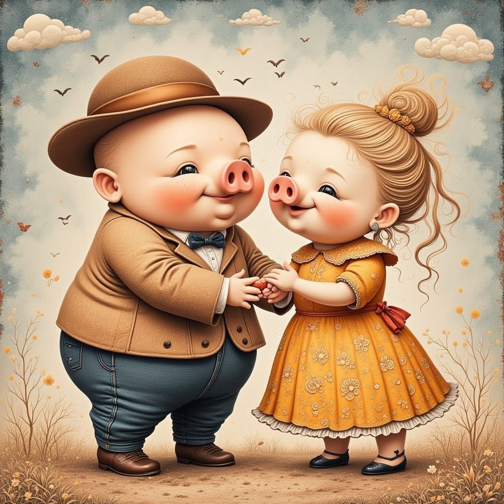 Piglet Jitterbug Dance: Moebius-Inspired Oil Painting