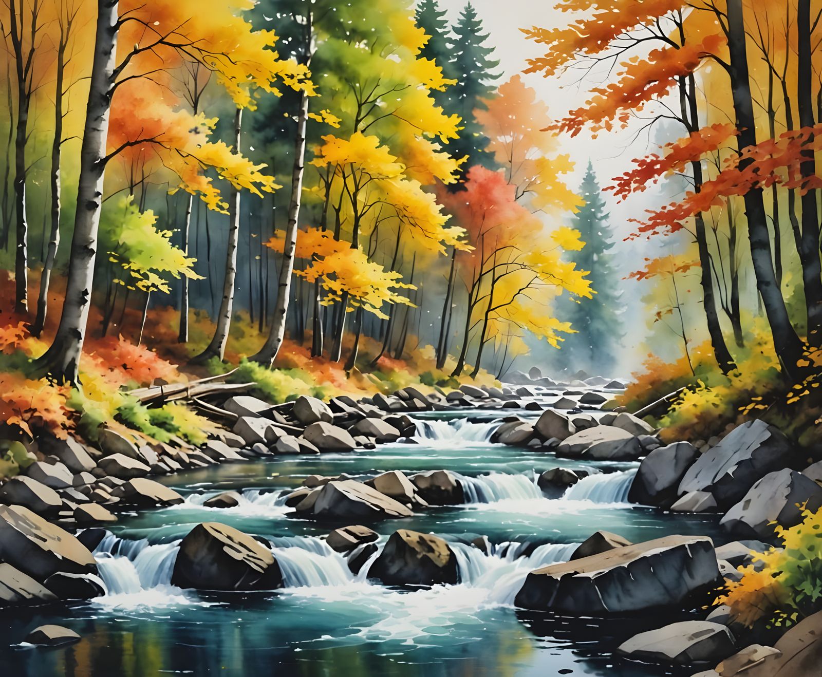 Autumn River in Leafy Forest: Watercolor Art