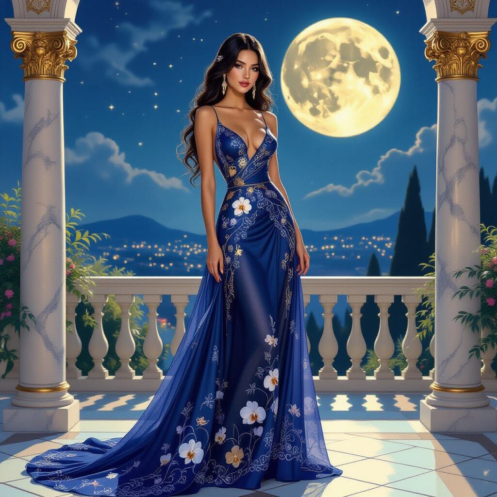Woman in Moonlit Garden with Orchid Gown