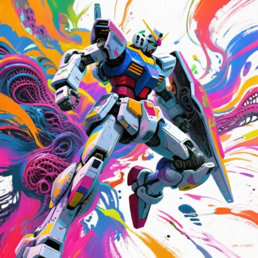Airbrushed Gundam Mobile Suit in Futuristic Style