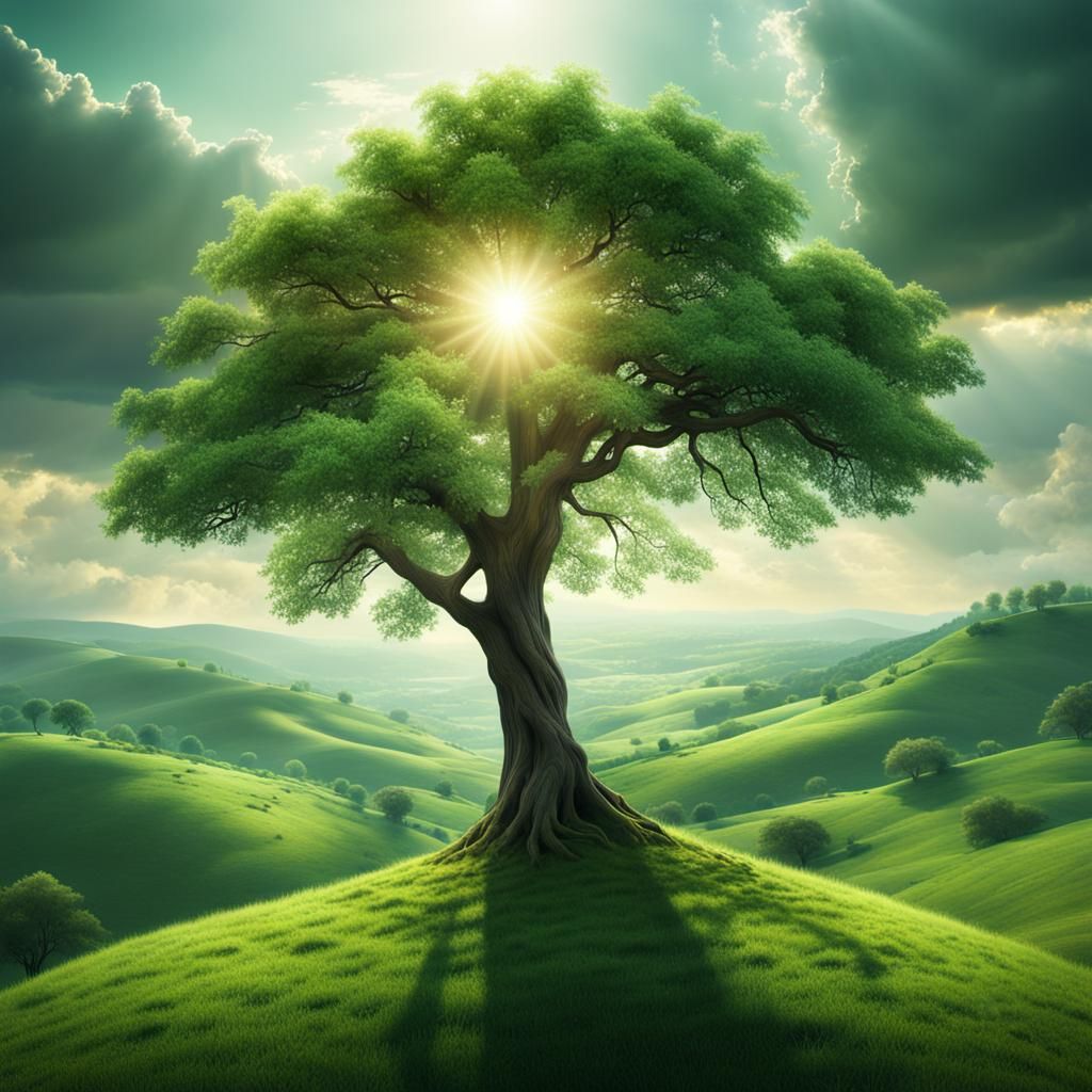 Lone Tree Overlooking Green Valley: Digital Matte Painting