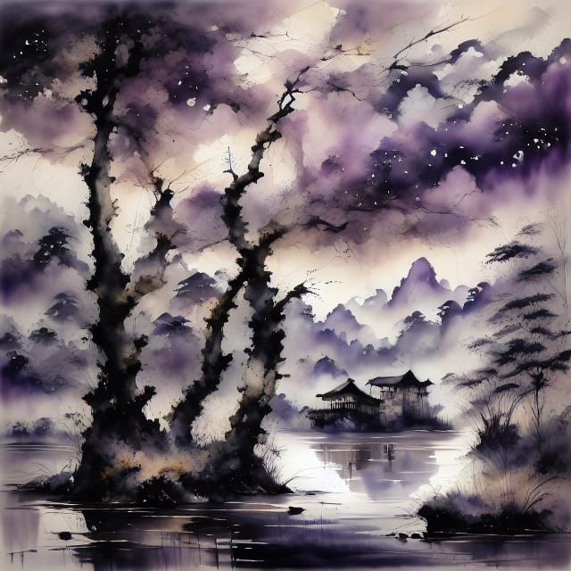 Ethereal Night Lake Walkway Oil Painting