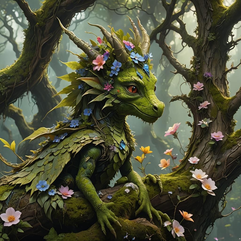 Tree Dragon with Fairy, Detailed Matte Painting