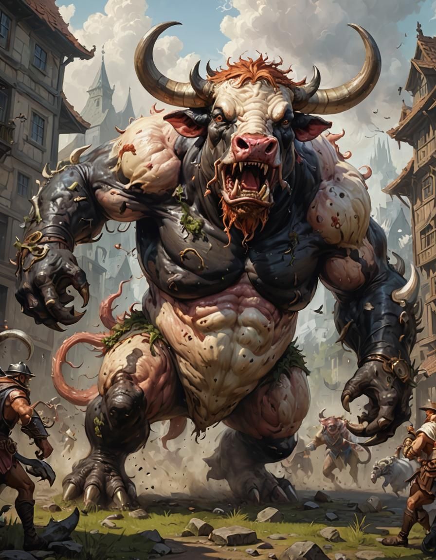 Anthropomorphic Bovine Monster in Epic Battle