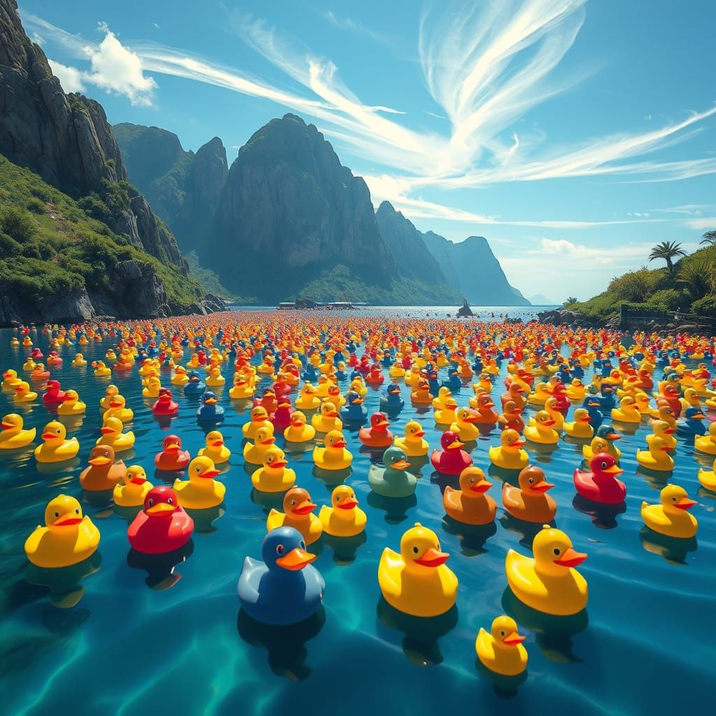 Vibrant Rubber Duckies on a Tranquil Bay