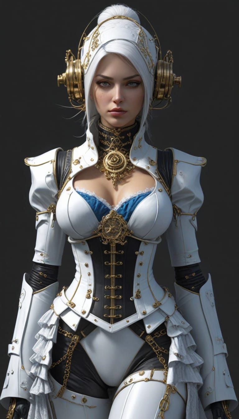 Fembot Pirate in Futuristic, Gold-Trimmed Attire