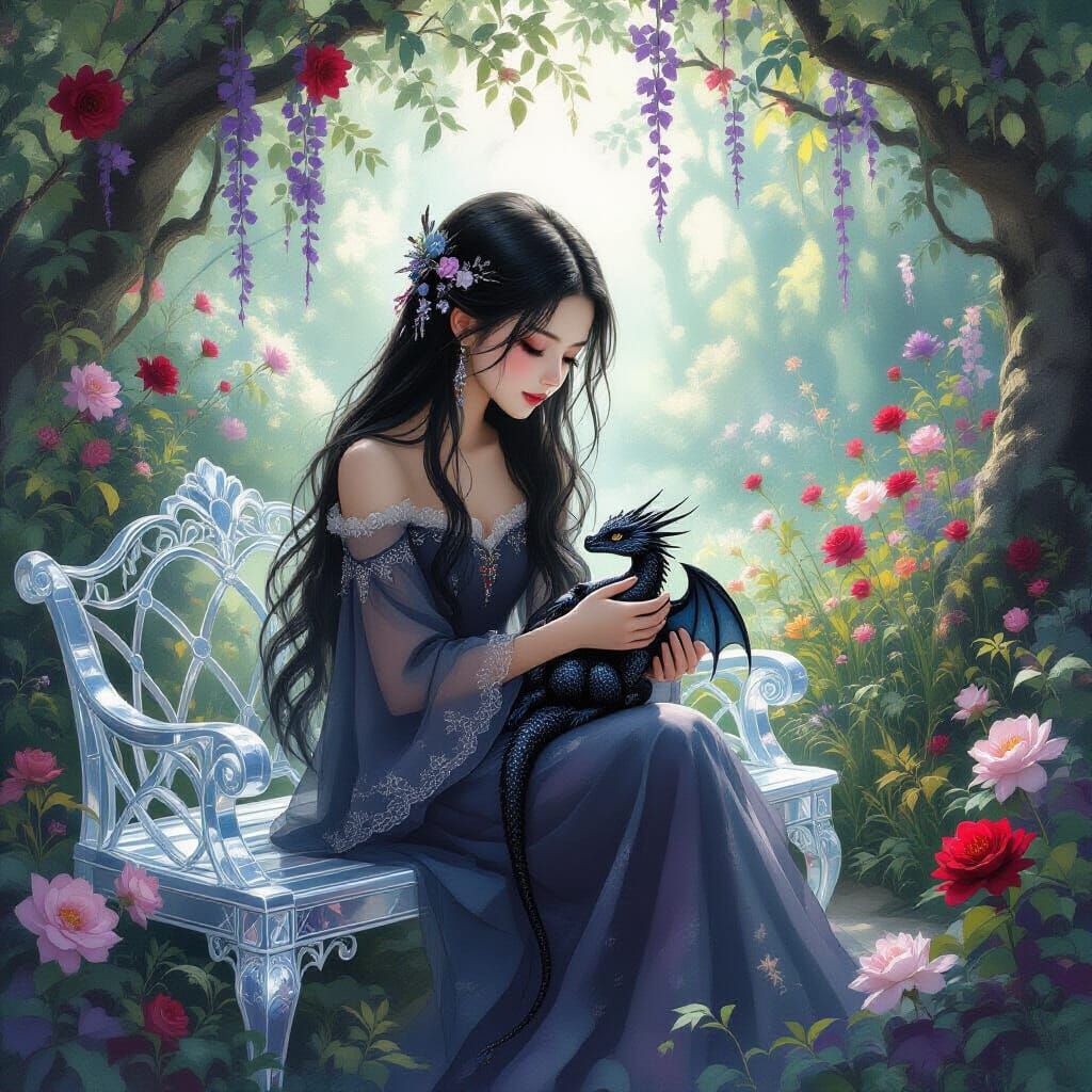 Girl with Dragon in Pre-Raphaelite Garden