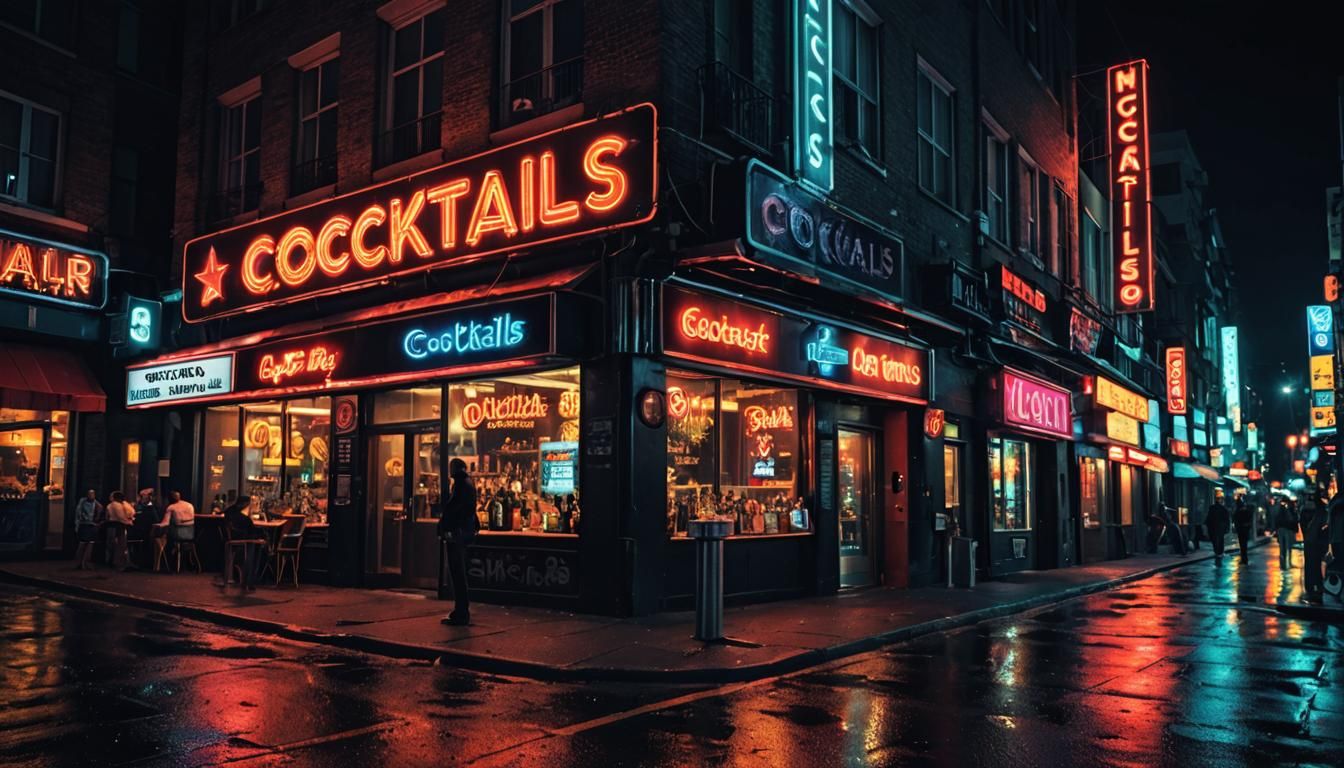 Neon Signs Light Up a Moody City Street