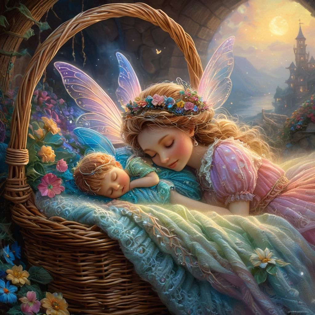Fairies Asleep in Basket: Hyperdetailed Fantasy Art