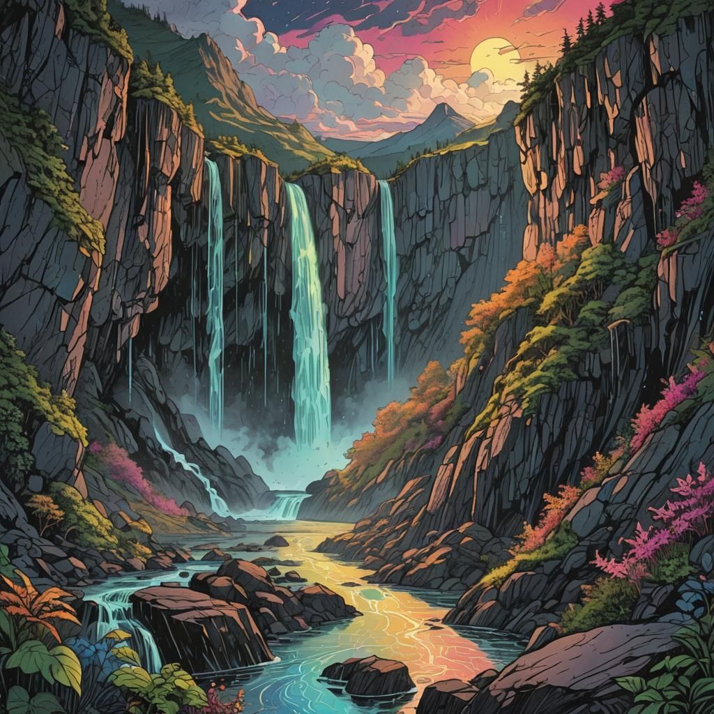 Fluorescent Waterfall at Night: Retro Dungeons & Dragons Sty...