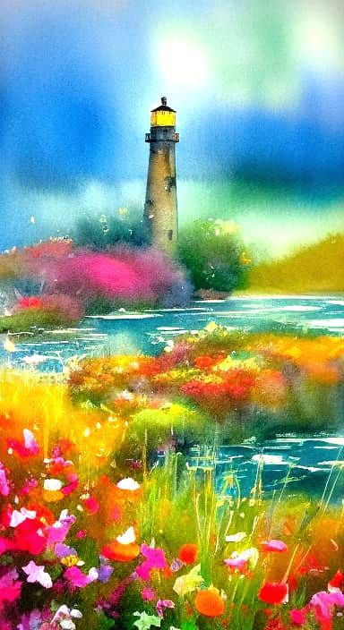 Lighthouse Rock Summer Storm Watercolor Painting