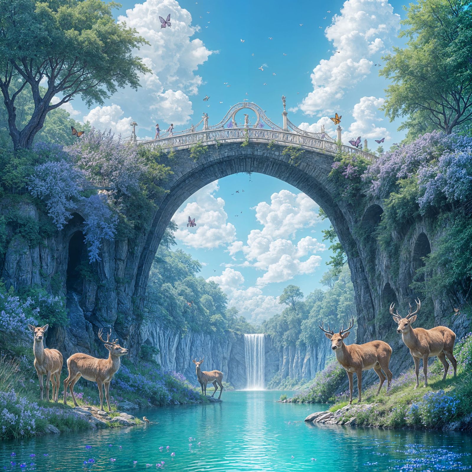 Serene Bridge Scene with Vibrant Flowers and Wildlife