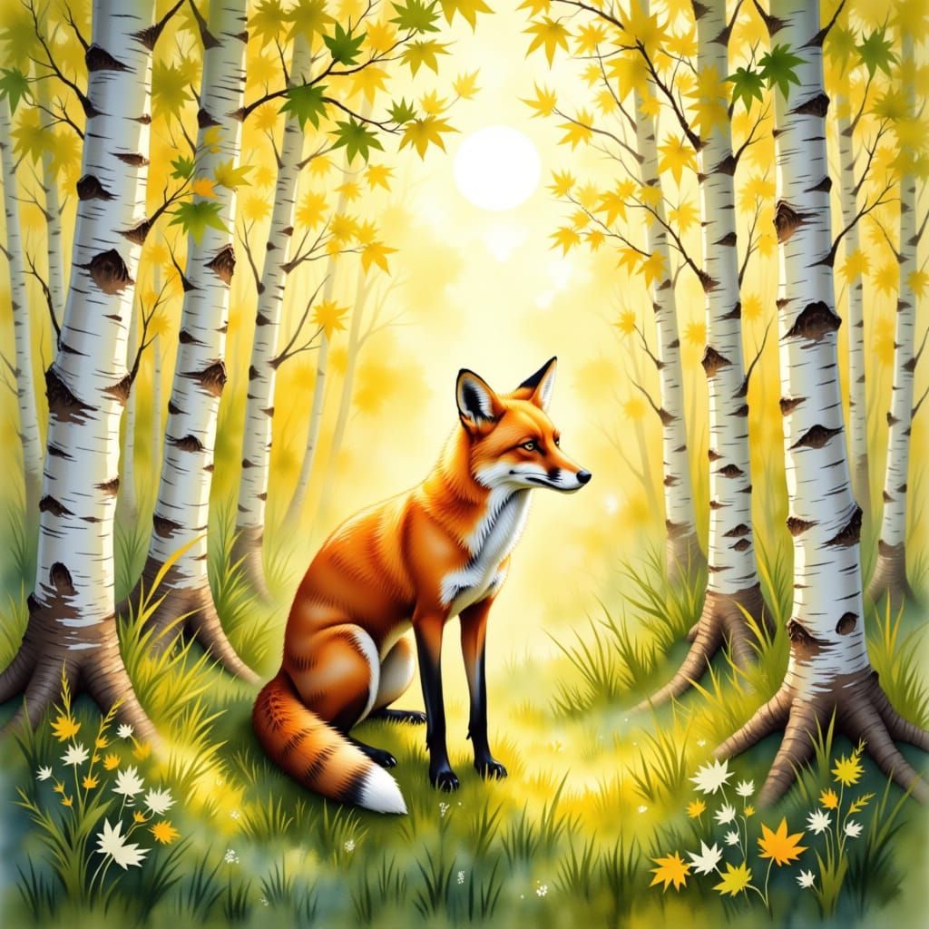 Fox in Birch Copse: Gouache Impressionism
