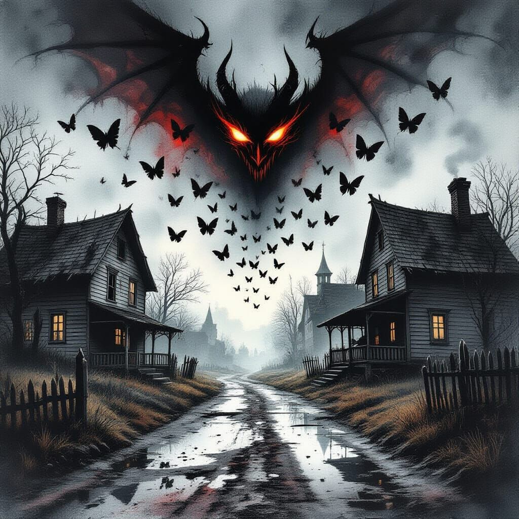 Dark Fantasy Village Painting with Butterflies