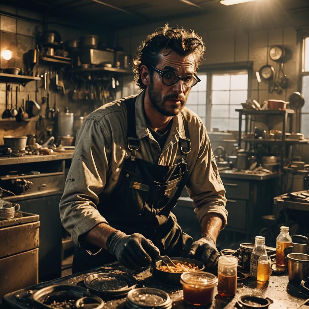 Cinematic Car Mechanic Film Still in Golden Hour