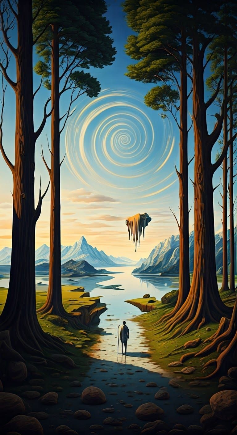 Dreamlike Landscape with Warped Trees in Surreal Style
