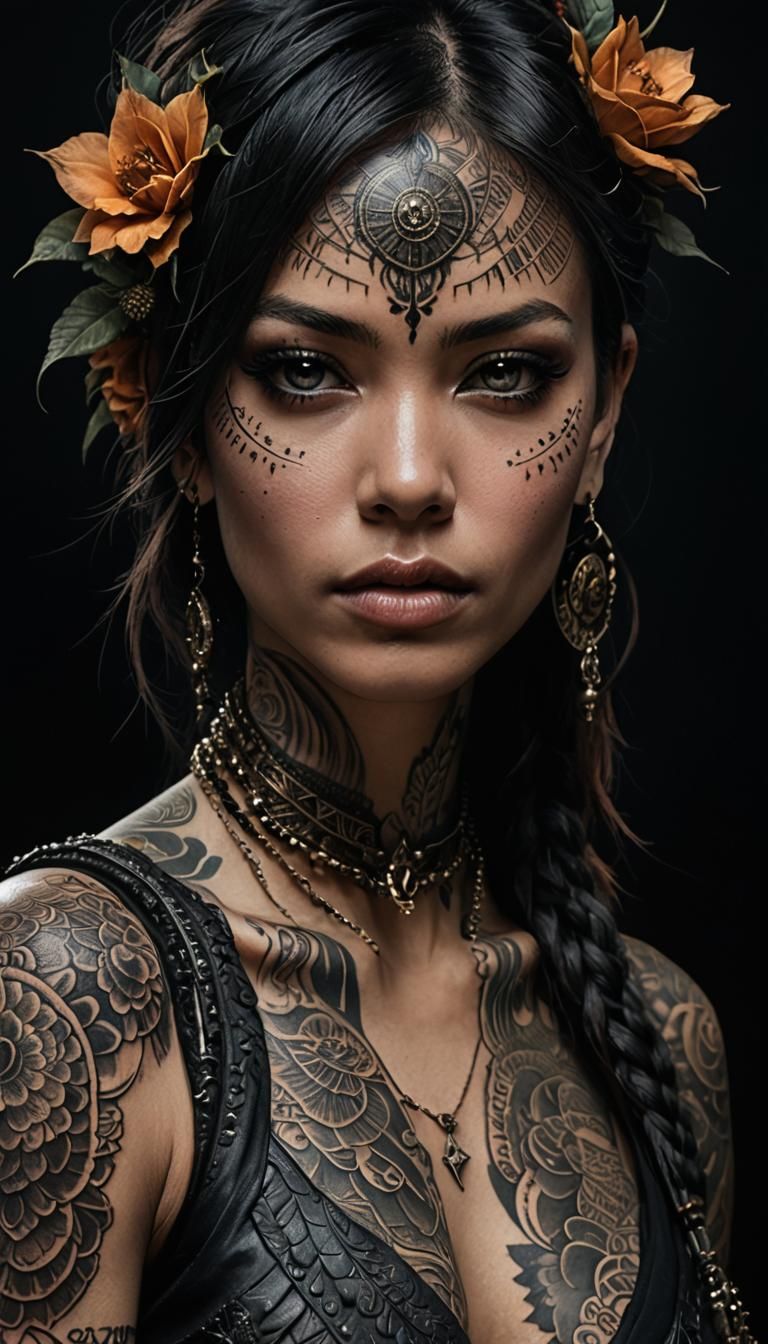 Animal Skin Tattoos Portrait in Dark Fantasy Style