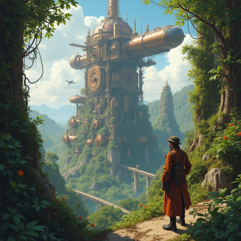 Steampunk Cityscape Rising from Lush Jungle
