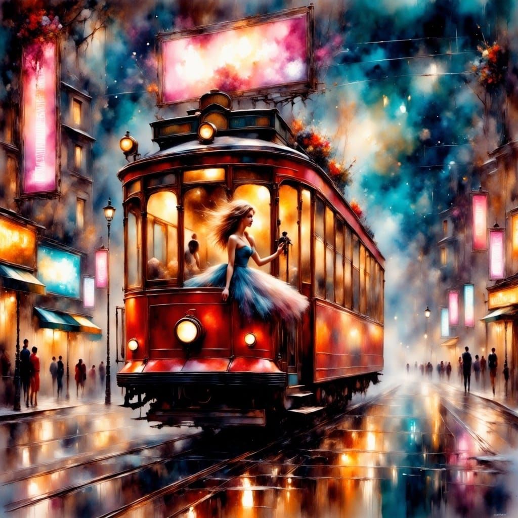 Synthwave Night: Woman on a Neon Streetcar